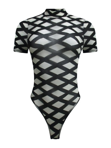 Black Lines Mock Neck Mesh Bodysuit