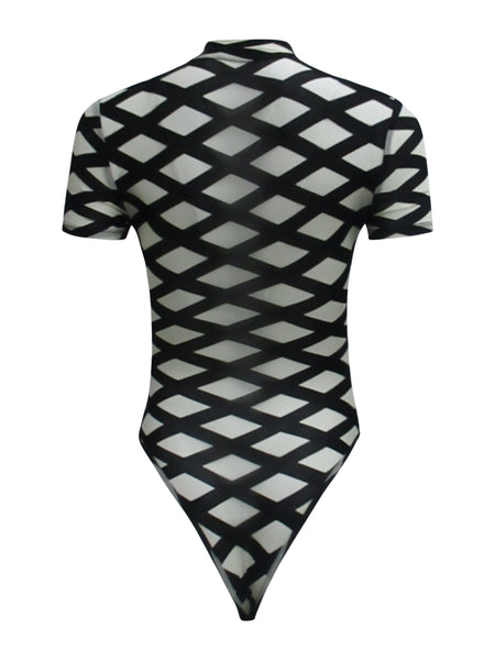 Black Lines Mock Neck Mesh Bodysuit