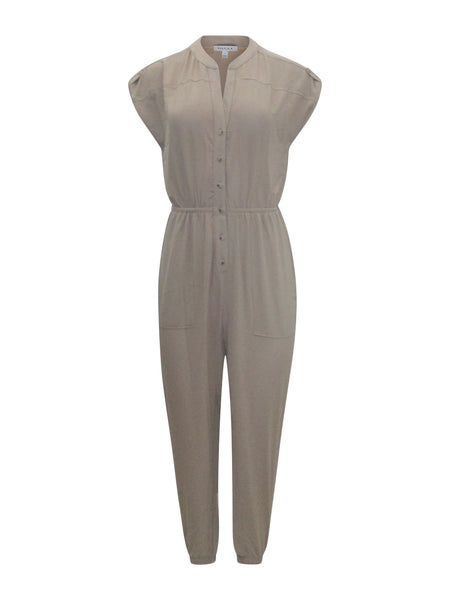 Tan Dolman short sleeve button up jumpsuit