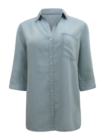 Light blue denim button up shirt. Dolman sleeves/ versatile button sleeves