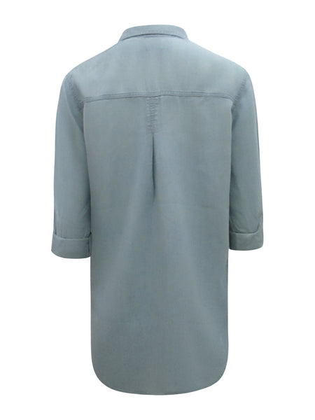 Light blue denim button up shirt. Dolman sleeves/ versatile button sleeves