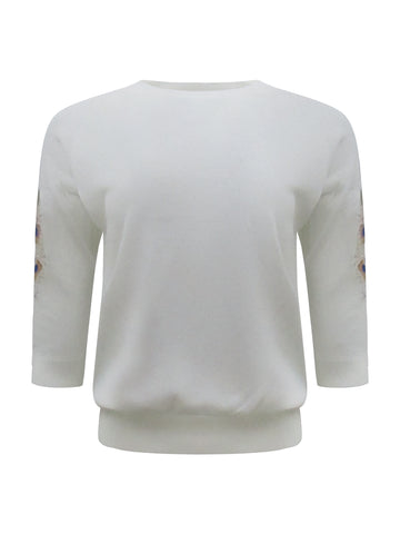 White Peacock Embroidered Sleeves Knit Top