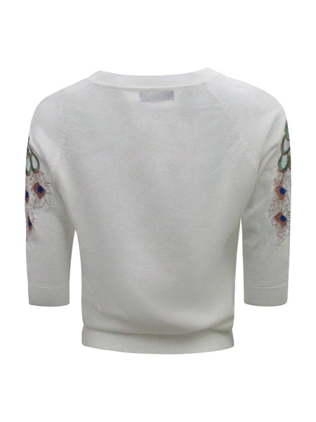 White Peacock Embroidered Sleeves Knit Top