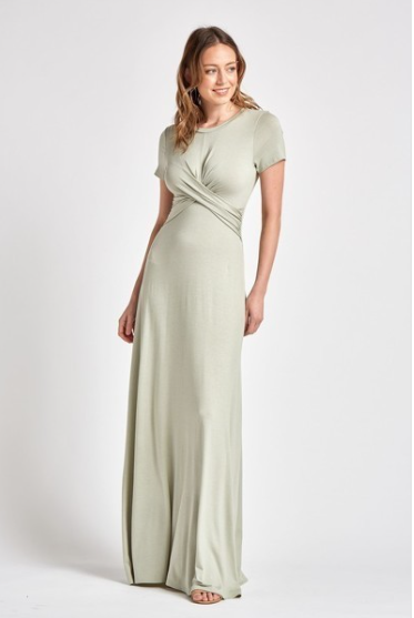 Solid rayon spandex t shirt maxi dress featuring round neck, short sleeve and twisted top detail