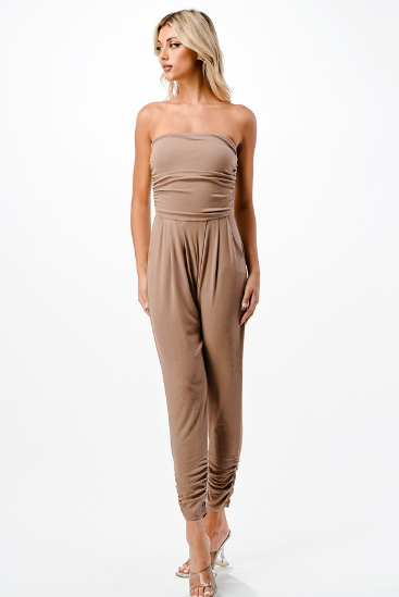 taupe off the shoulder jumpsuit