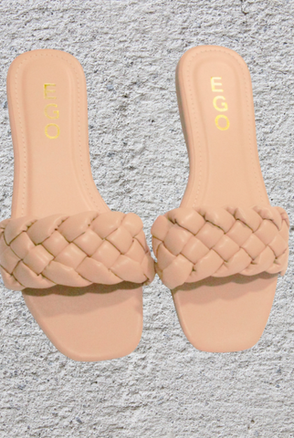 taupe woven strap slides