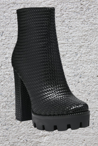 Black woven textured ankle chunky heel ankle boots for winter
