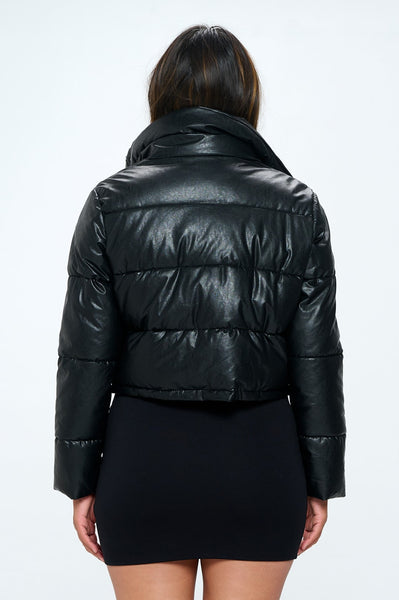 Faux Leather Cropped Puffy Jacket