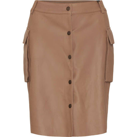 Above knee, taupe nappa leather skirt.