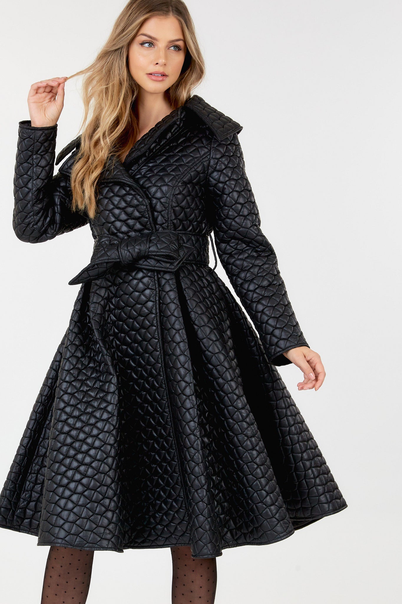 Black Quilted Padded Waist Belt Coat